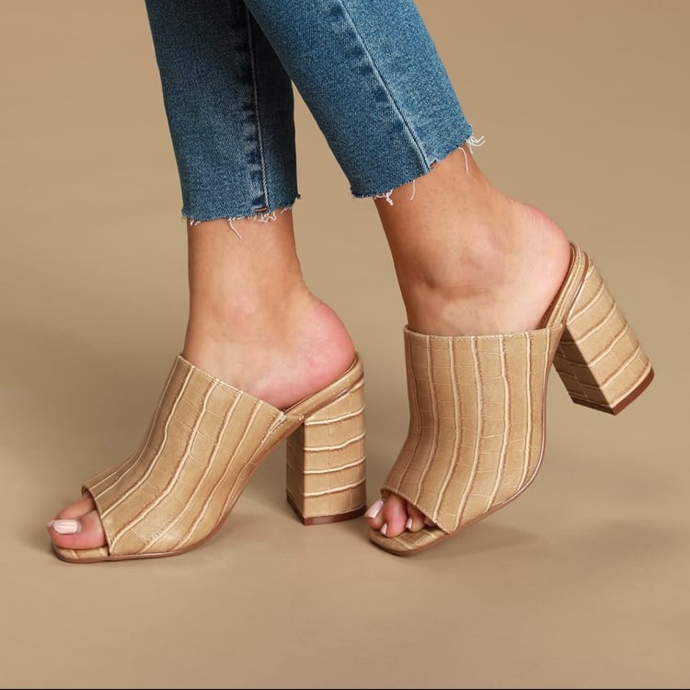 Raelynn Nude Croc Peep-Toe Mules - Lulus - Size 8.5